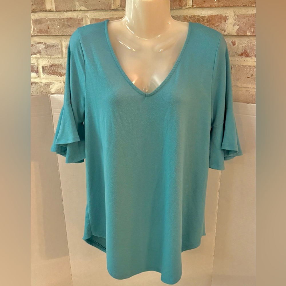 Zenana V-Neck Flutter Sleeve Top - Women’s Medium - Dusty Teal Color